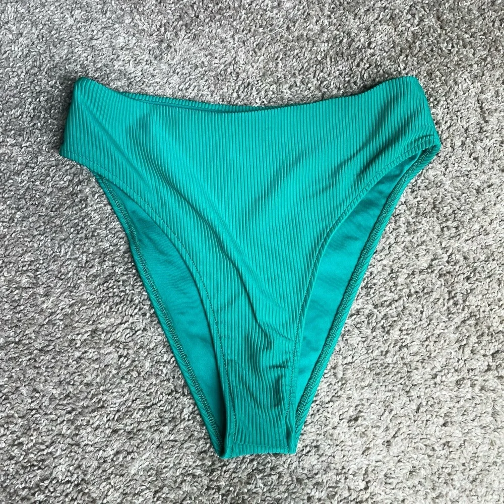 Frankie's Bikinis Jenna High Waist Ribbed Bikini Bottom in Emerald